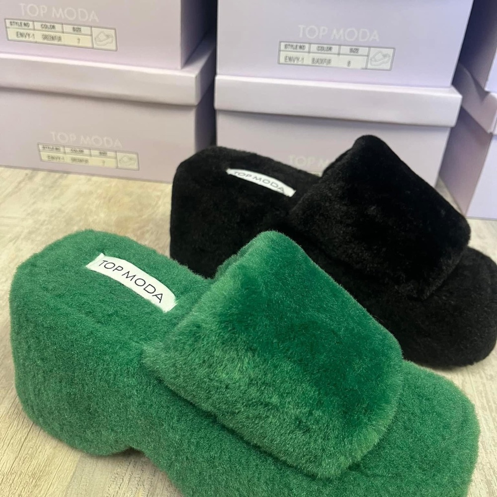 Green and Black Faux Fur Sandals